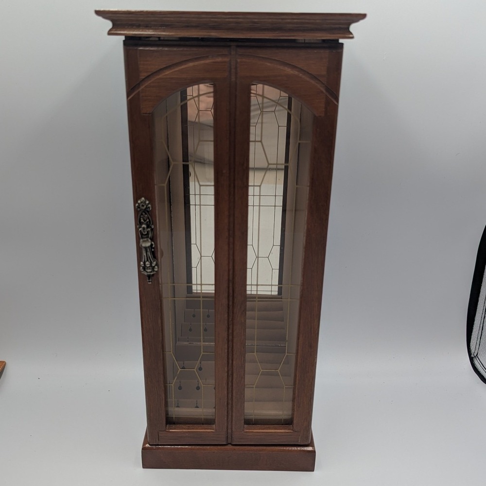 Mele Jewelry Box Armoire Brown Wood Leaded Glass Door Carousel 13.5in